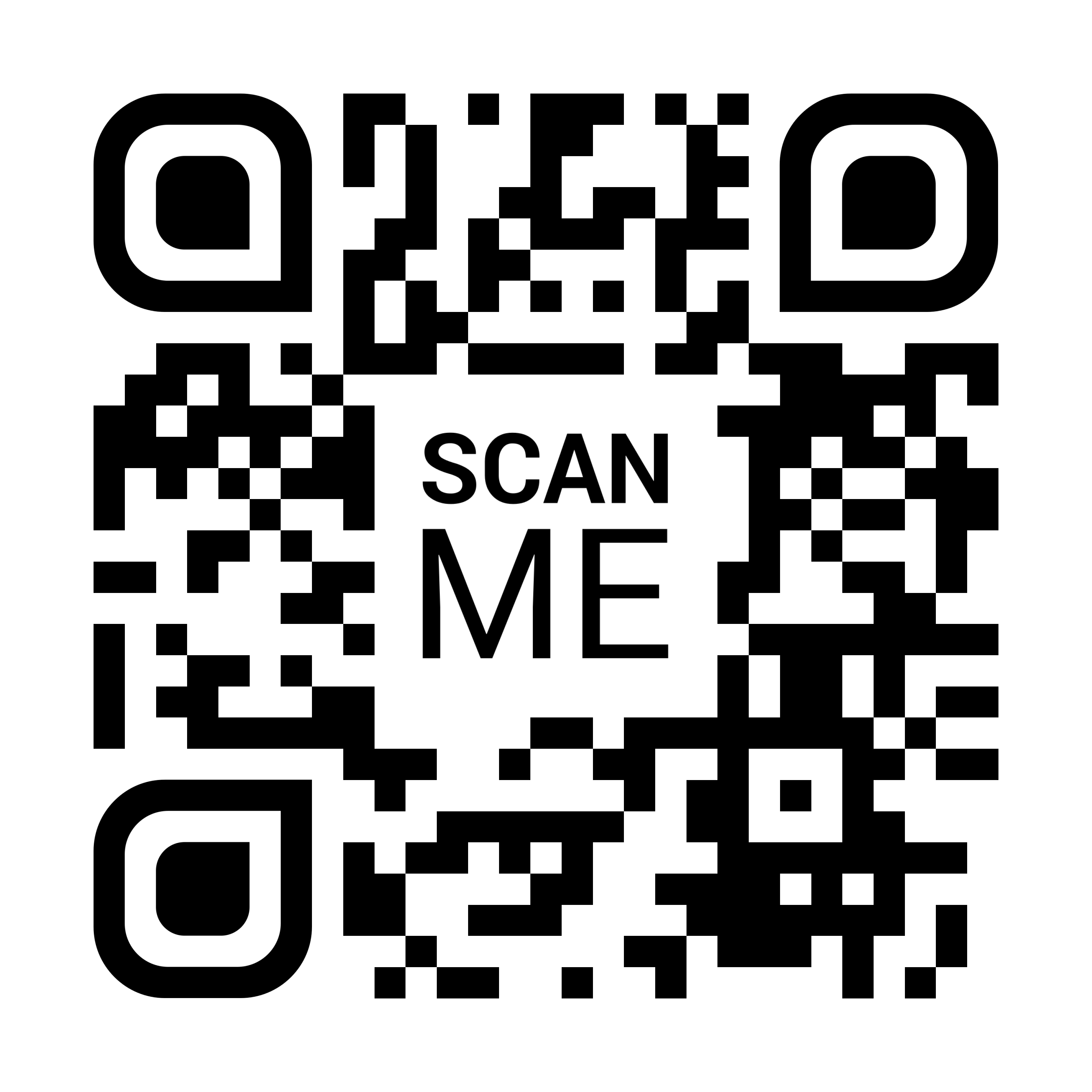 Black and white QR Code with rounded edges and corners and a ‘scan me’ icon in the center.