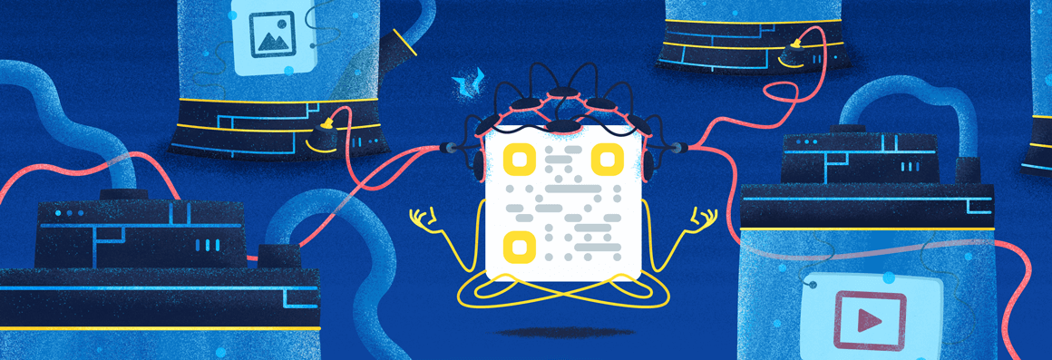 A QR Code with arms and legs meditating next to machines it is hooked up to with wires.