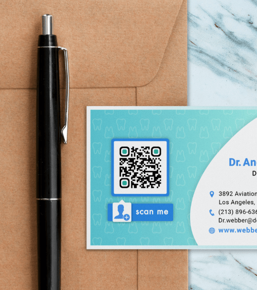 Business card for Dr. Andrew Webber including contact information and a QR Code with 