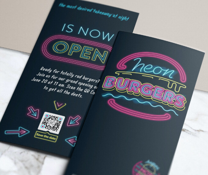 A brochure that promotes a restaurant’s grand opening with a QR Code that lets customers save event details to their smartphone calendars.