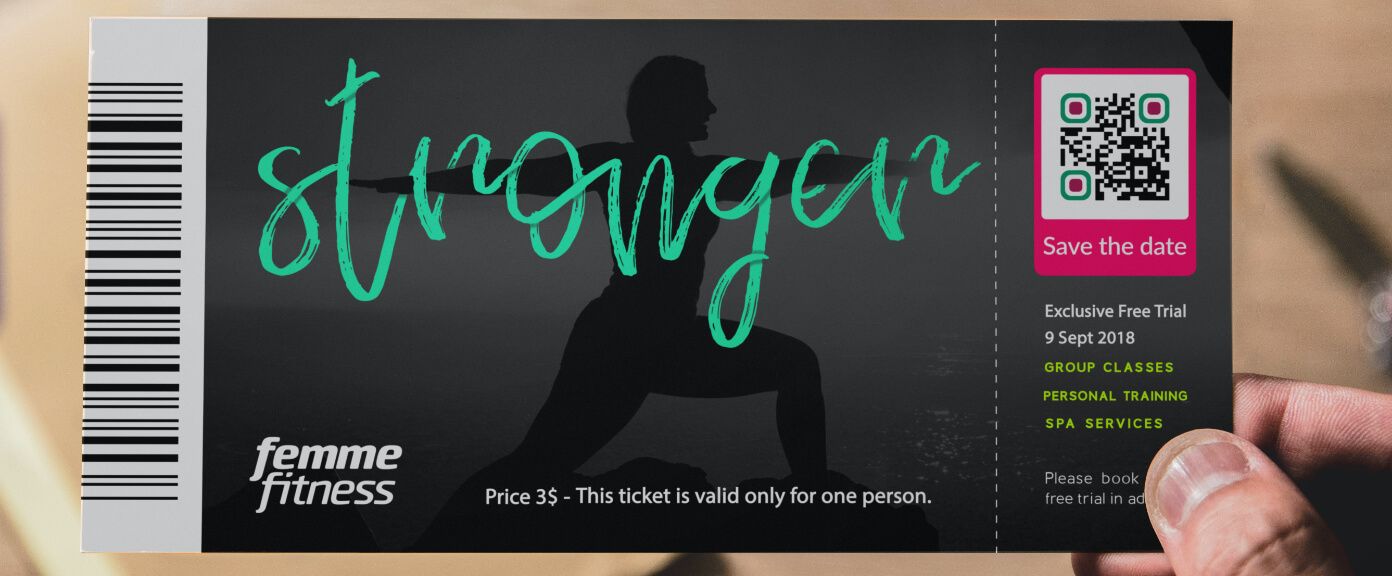 Admission ticket to a fitness event with a QR Code that lets customers save event details to their smartphone calendars.